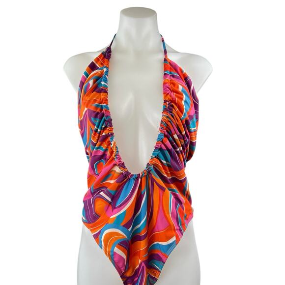 NEW PrettyLittleThing Multicolor Printed Ruched Scoop Neck One Piece Swimsuit 16 - Picture 3 of 5